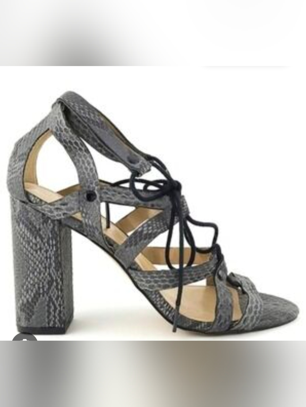 "Tara" Grey Snakeskin Print Lace-Up Block Heels